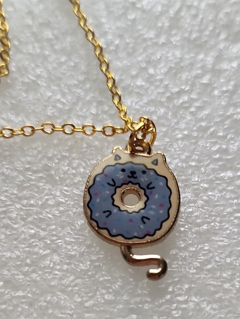 Hand Crafted Blue Cat Donut Charm Bracelet / Anklet - Gold Tone